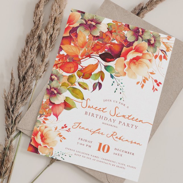 Convite Fall Autumn Floral Sweet 16 Festa de Aniversário (Fall Autumn Garden Floral Sweet 16 Birthday Party Invitation)