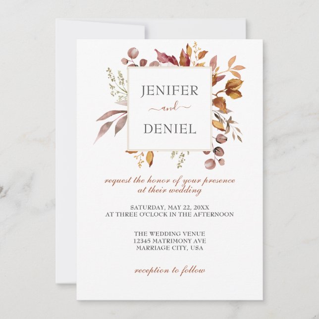 Convite Fall Autumn Leaves Rustic Country Boho Wedding (Frente)