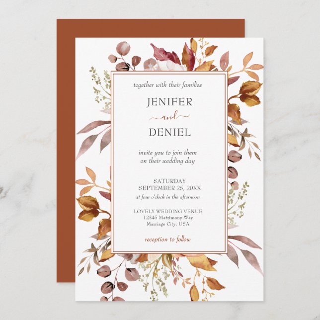 Convite Fall Autumn Leaves Rustic Country Boho Wedding (Frente/Verso)
