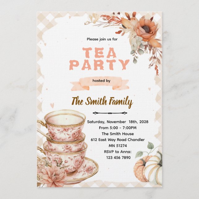 Convite Fall autumn thanksgiving tea party invitation  (Frente)