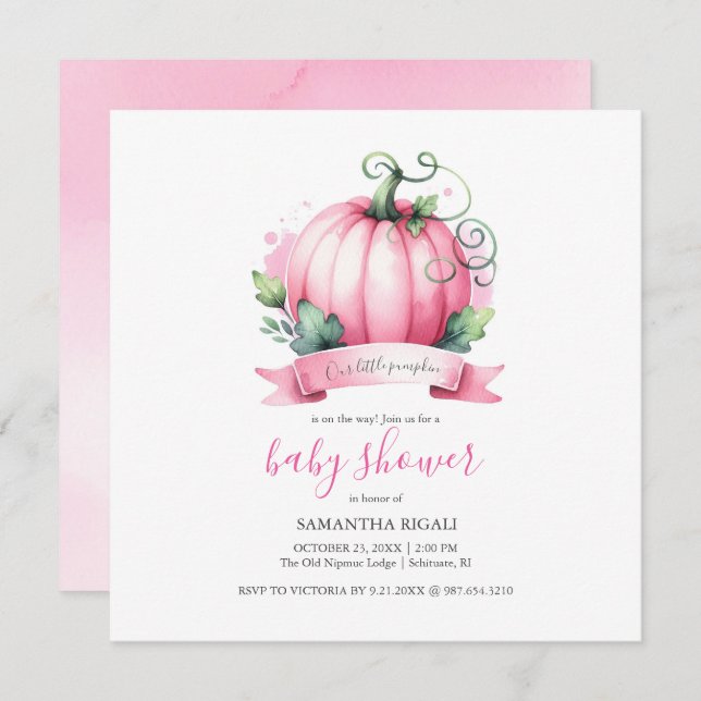 Convite Fall Baby Shower Inventa Pequena Menina De Abóbora (Frente/Verso)