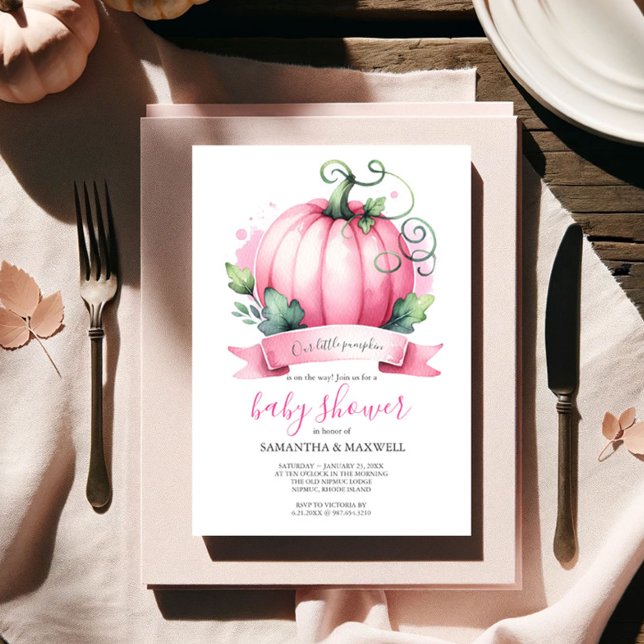 Convite Fall Baby Shower Inventa Pequena Menina De Abóbora (Fall baby shower invitations watercolor pink pumpkin theme for a girl event Victoria Grigaliunas)