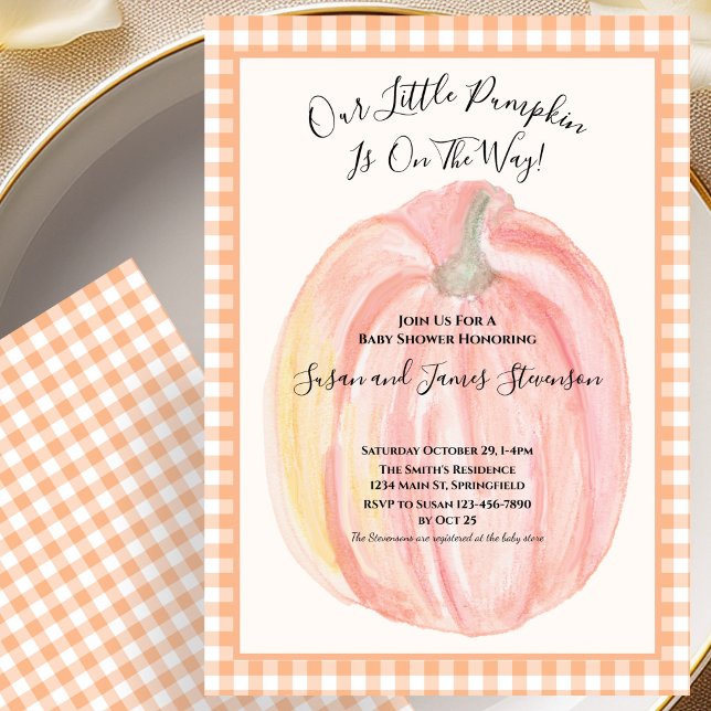 Convite Fall Baby Shower Invitation Little Pumpkin Gingham (Criador carregado)