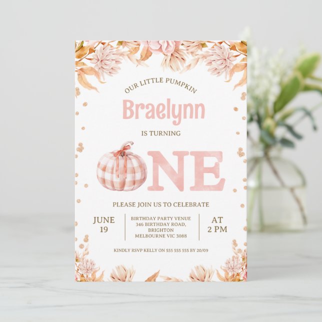 Convite Fall Blush Floral Rustic Pumpkin 1st Birthday  (Em pé/Frente)