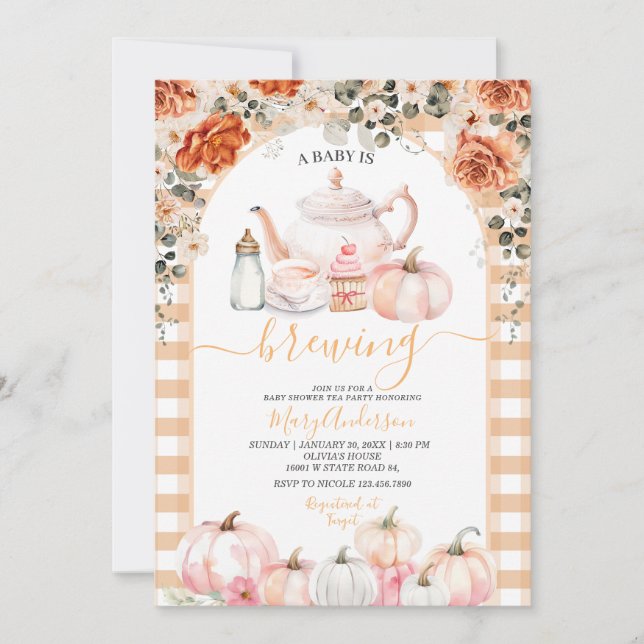 Convite Fall Breing Pink Floral Tea Party Chá de fraldas (Frente)