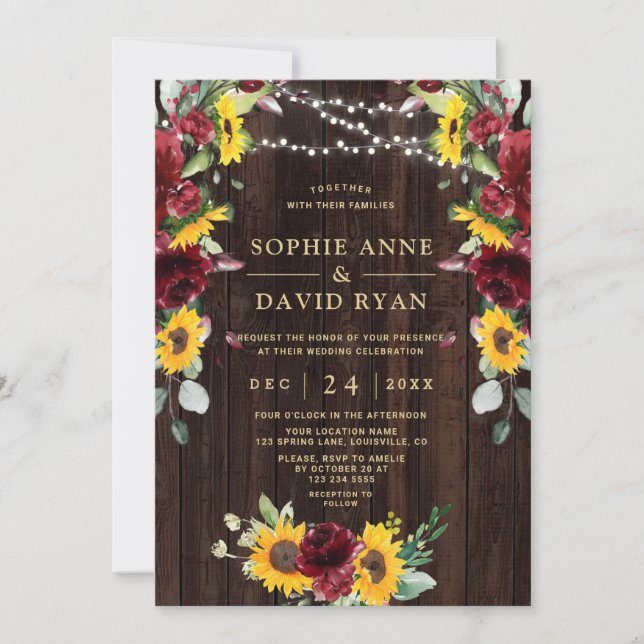 Convite Fall Burgundy Floral Sunflower Wood Barn Casamento (Frente)