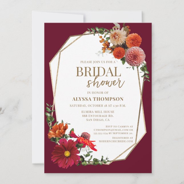Convite Fall Burgundy Red Dourado Autumn Floral (Frente)