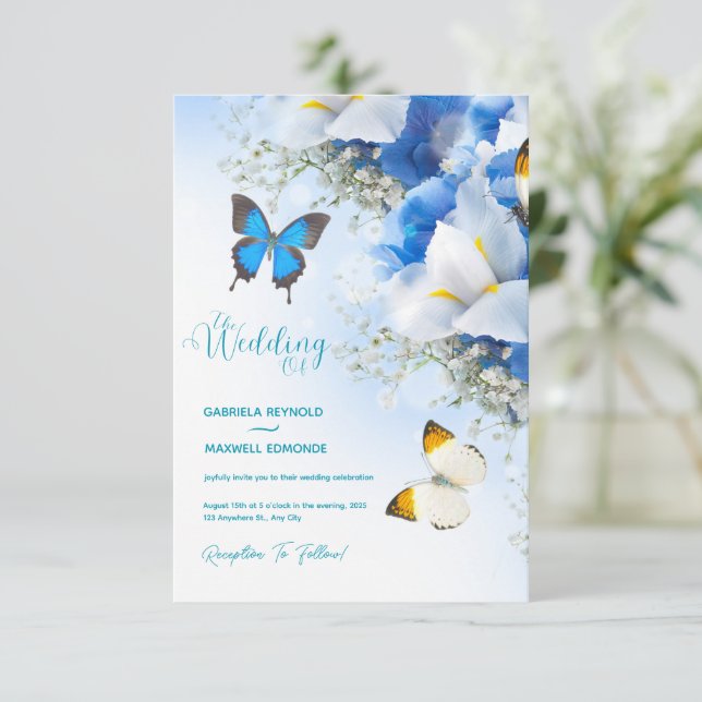 Convite Fall Butterfly Nature Blue Hydrangea Casamento (Em pé/Frente)
