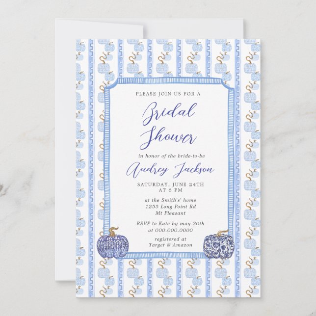 Convite Fall Chinoiserie Blue Pumpkin Bridal Shower  (Frente)