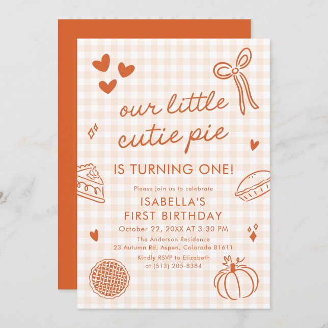 Convite Fall Cute Hand Drawn Our Little Cutie Pie Birthday (Frente/Verso)