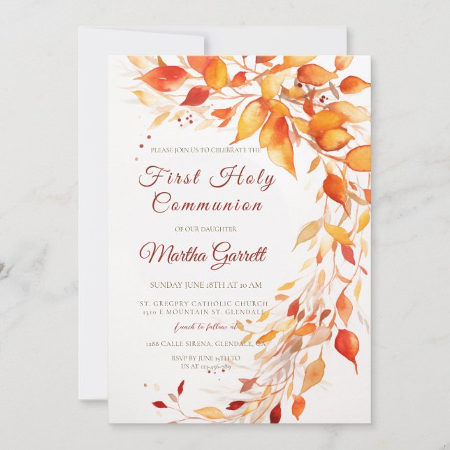 Convite Fall deixa amarela e vermelha primeira comunhão (Frente)