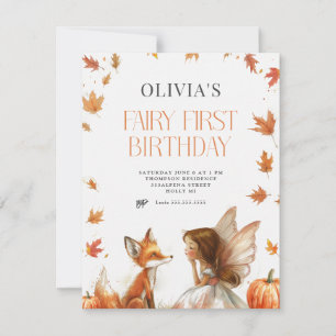 Convite Fall Fairy First Birthday Invite com Fox Brunette
