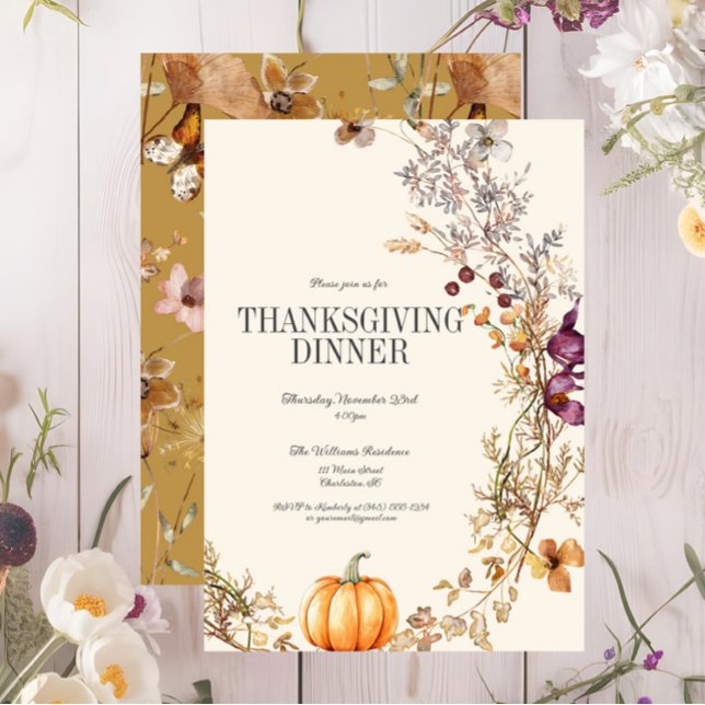 Convite Fall Floral Boho Pumpkin Janto de Ação de Graças (Fall Pumpkin Floral Thanksgiving Dinner Invitation, Wildflowers, Autumn Flowers)