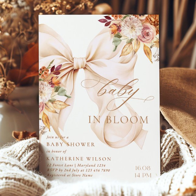 Convite Fall Floral Bow Baby Shower Invitation (Criador carregado)
