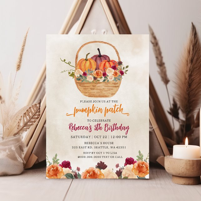 Convite Fall Floral Burgundy Laranja Pumpkin Patch Anivers (Fall Floral Burgundy Orange Pumpkin Patch Birthday Invitation)