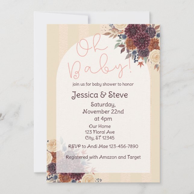 Convite Fall Floral, Burgundy, Orange, Cream Baby Shower (Frente)