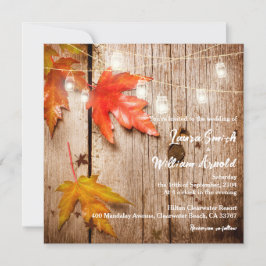 Convite Fall Folhas Brilhando Casamento de Madeira Rústica