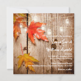 Convite Fall Folhas Brilhando Casamento de Madeira Rústica