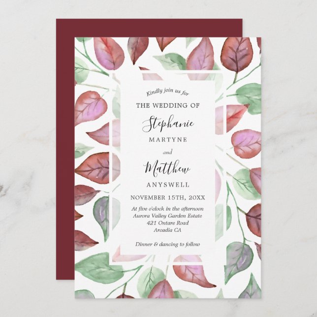 Convite Fall Foliage Watercolor Burgundy Deixa Casamento (Frente/Verso)