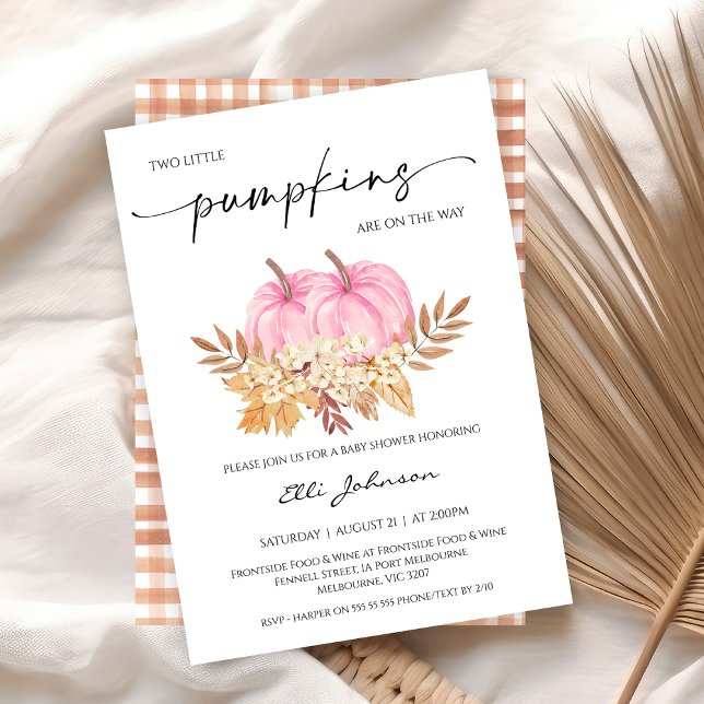 Convite Fall Girls Gêmeos Dois Chás de fraldas Pumpkins Ro (Twin Girls Little Pumpkin Baby Shower Invitation, Fall Twins Baby Shower Invite, Autumn Baby Shower)