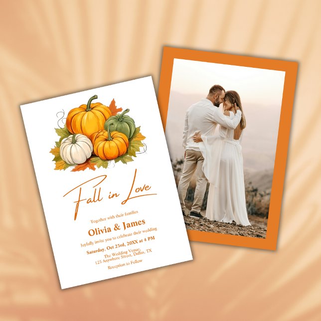 Convite Fall in Love Autumn Rustic Pumpkin Foto Casamento (Fall in Love Autumn Rustic Pumpkin Burnt Orange Photo Wedding Invitation )