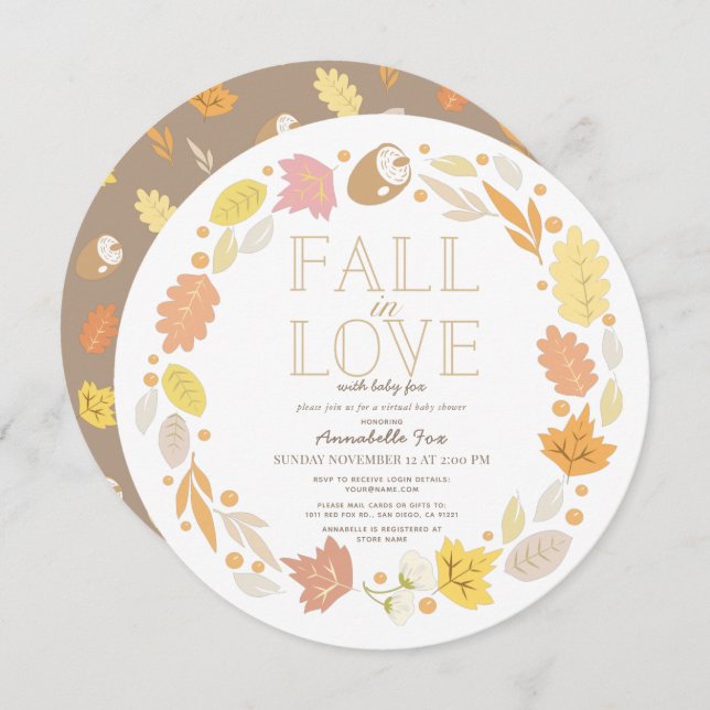 Convite Fall in Love Autumn Wreath Virtual Chá de fraldas (Frente/Verso)
