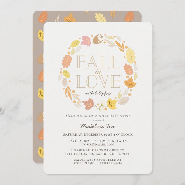 Convite Fall in Love Autumn Wreath Virtual Chá de fraldas (Frente/Verso)