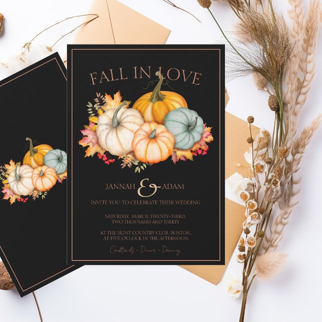 Convite Fall in Love Black Autumn Fall Pumpkins Casamento (Criador carregado)