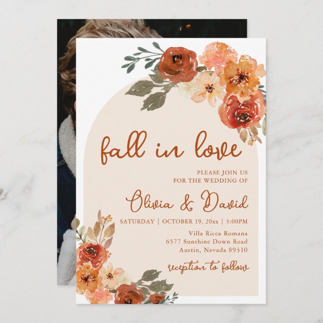 Convite Fall in Love Boho Floral Rustic Casamento de outon (Frente/Verso)