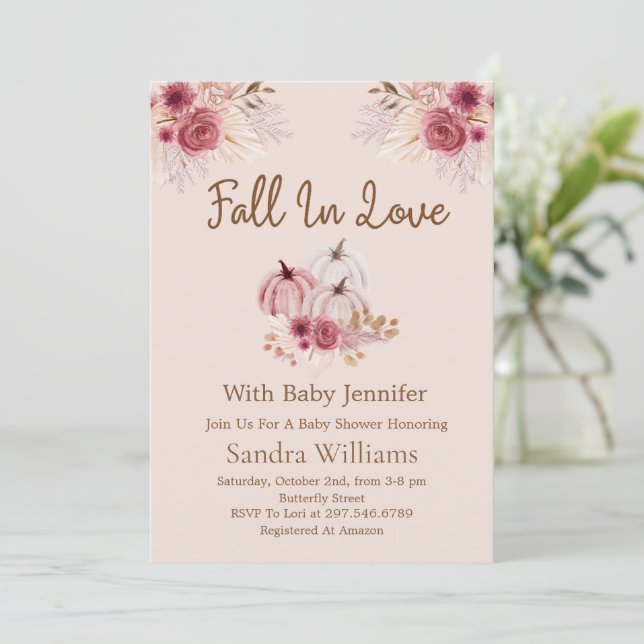 Convite Fall In Love Boho Pink Pumpkin Autumn Baby Shower (Em pé/Frente)