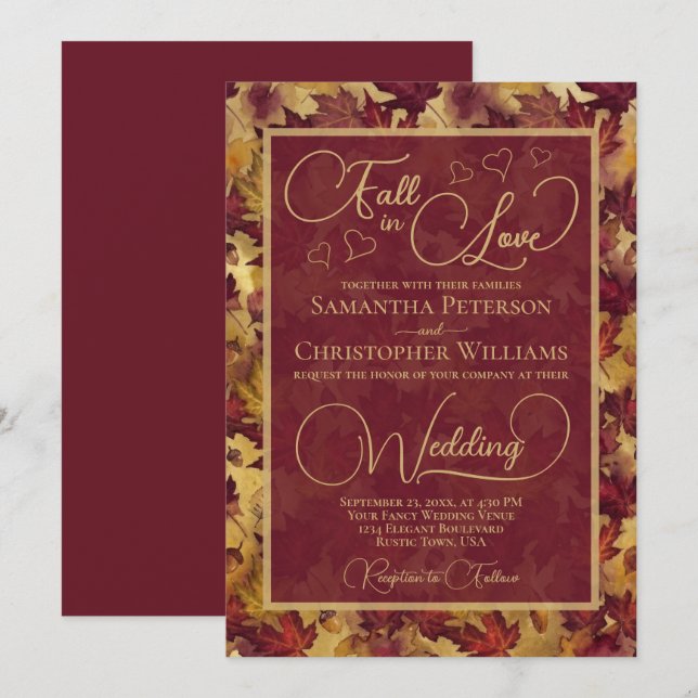 Convite Fall in Love Burgundy & Gold Autumn Leaves Wedding (Frente/Verso)
