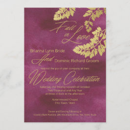 Convite Fall in Love Cranberry and Dourado Leaves Weds