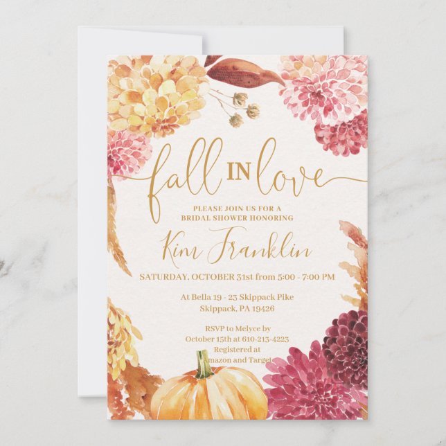 Convite Fall in Love Floral and Gold Bridal Shower Invitat (Frente)