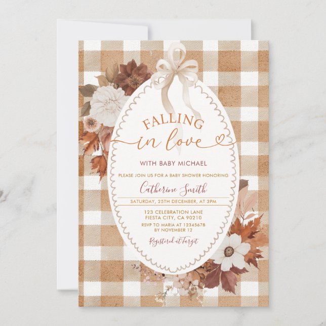 Convite Fall in love Flowers Baby shower Gingham (Frente)