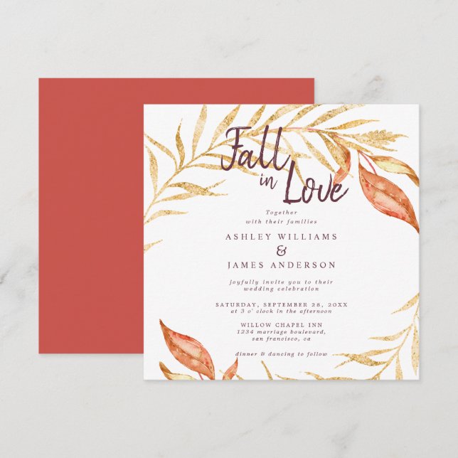 Convite Fall in Love Foliage Autumn Red Weds (Frente/Verso)
