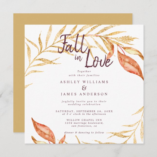 Convite Fall in Love Foliage Autumn Yellow Weding (Frente/Verso)