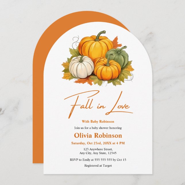 Convite Fall in Love Gender Neutral Pumpkin Baby Shower  (Frente/Verso)