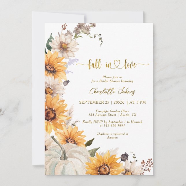 Convite Fall In Love Gold Sunflowers Daisies Bridal Shower (Frente)