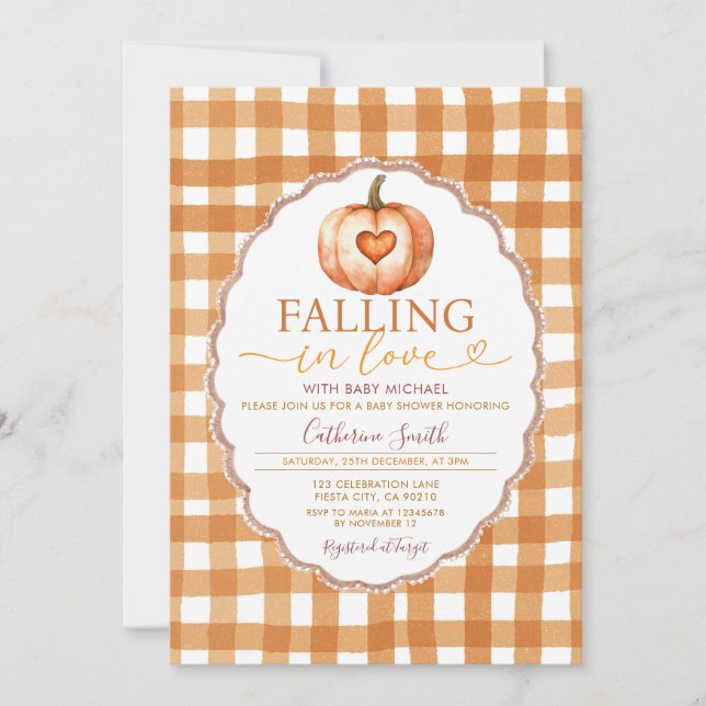 Convite Fall in love Heart Pumpkin Baby shower Gingham (Frente)