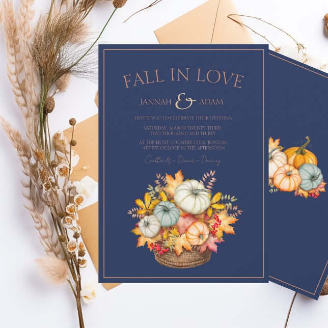 Convite Fall in Love Marinho Blue Autumn Pumpkins Casament (Criador carregado)