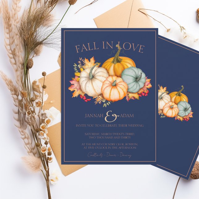 Convite Fall in Love Marinho Blue Autumn Pumpkins Casament (Criador carregado)