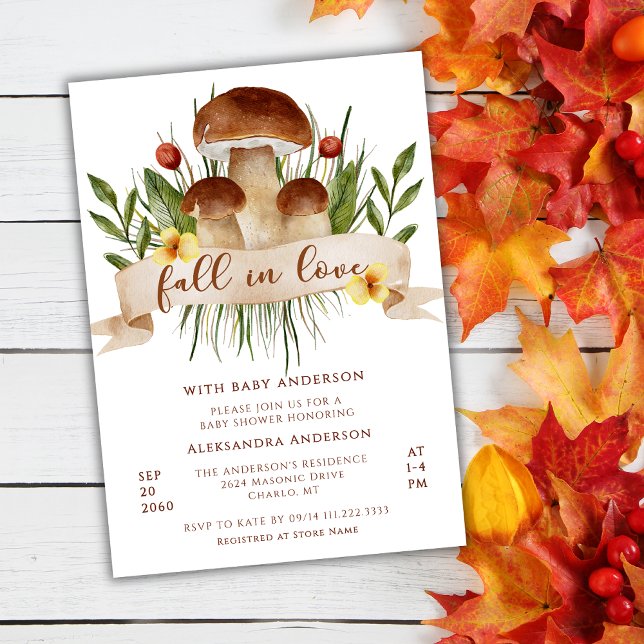 Convite Fall In Love Mushroom Autumn Baby Shower  (Criador carregado)