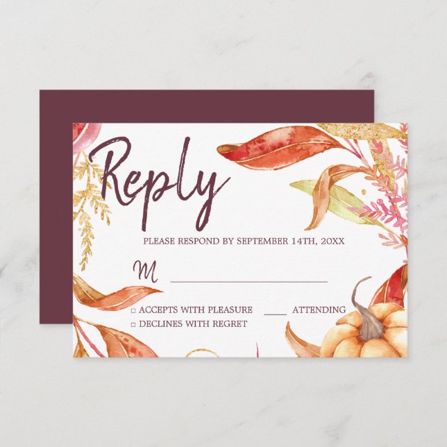 Convite Fall in Love Ouro Foliage Autumn Burgundy RSVP (Frente/Verso)