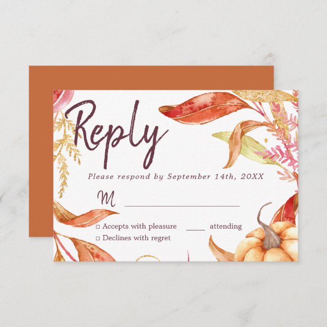Convite Fall in Love Ouro Foliage Burnt Orange RSVP (Frente/Verso)