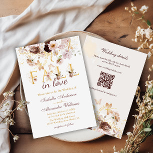 Convite Fall in Love QR Code Peony e Dourado Casamento Bur