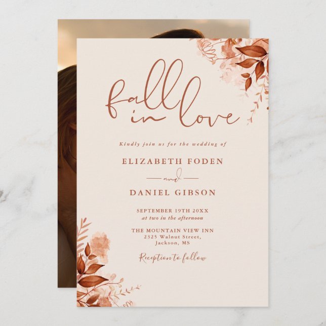 Convite Fall in Love Rustic Floral Photo Weding (Frente/Verso)