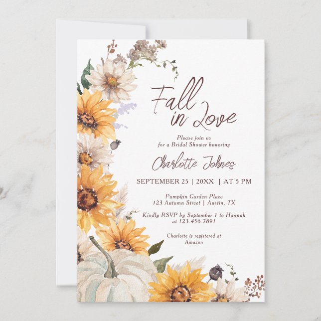 Convite Fall In Love Sunflower Rustic Daisy  Bridal Shower (Frente)