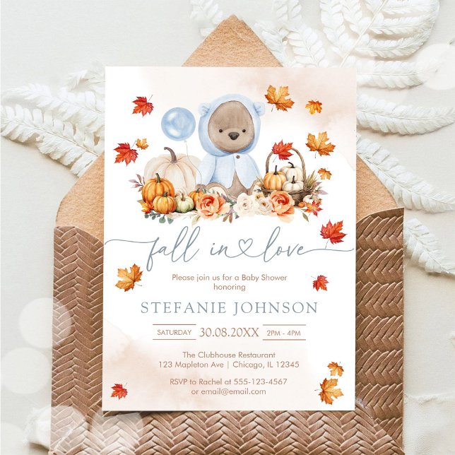 Convite Fall in Love Teddy Bear Baby Shower Invitation (Criador carregado)