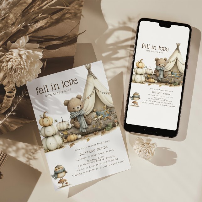 Convite Fall In Love Woodland Bear Baby Shower (Criador carregado)