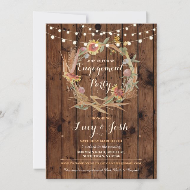 Convite Fall in Love Wreath Festa de noivado Wood Invite (Frente)